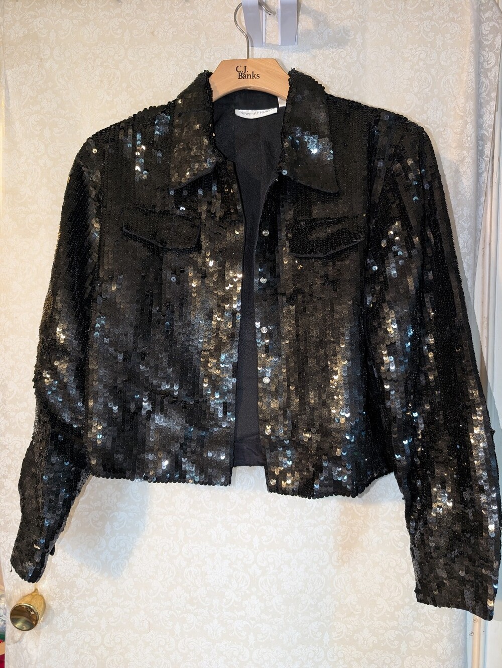 Newport News Black Sequin Vintage Snap Button Cropped Jacket Sz.14